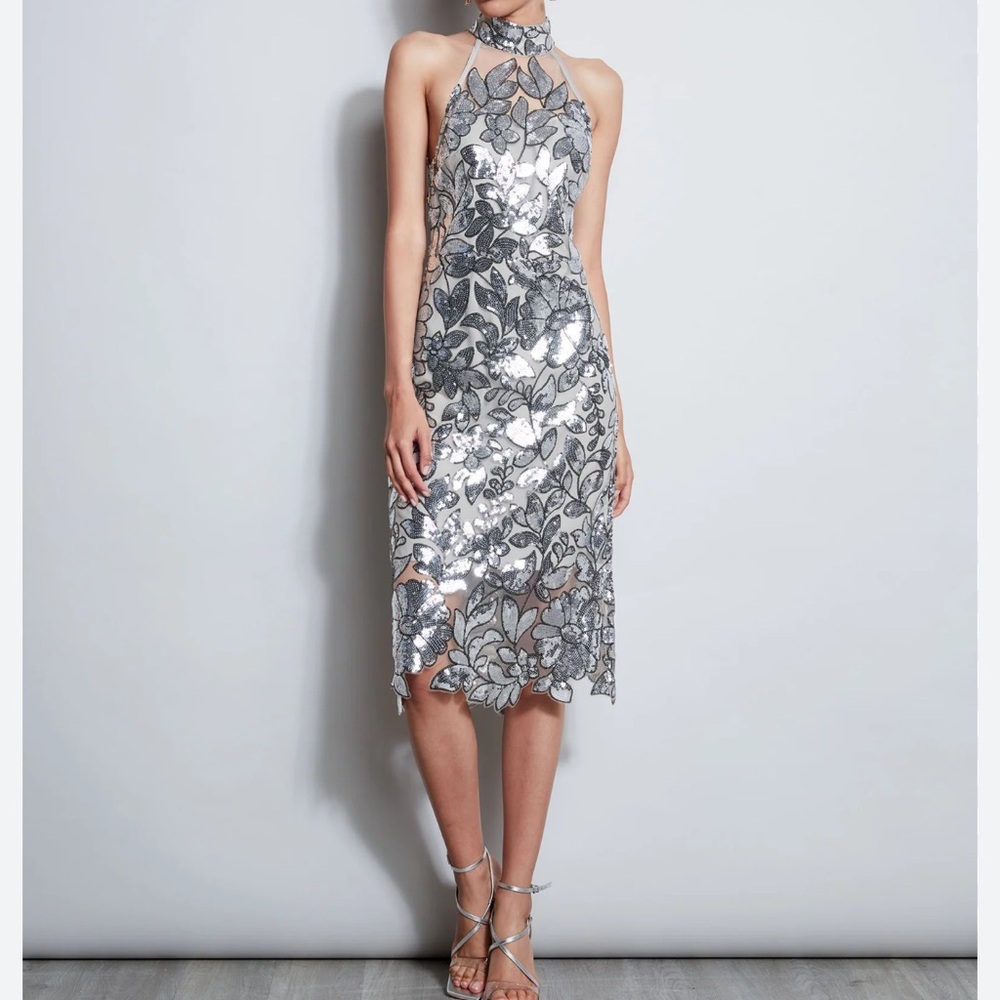 Elie Tahari Sequin Floral Dress – Silver, Size 2 (New with Tags)